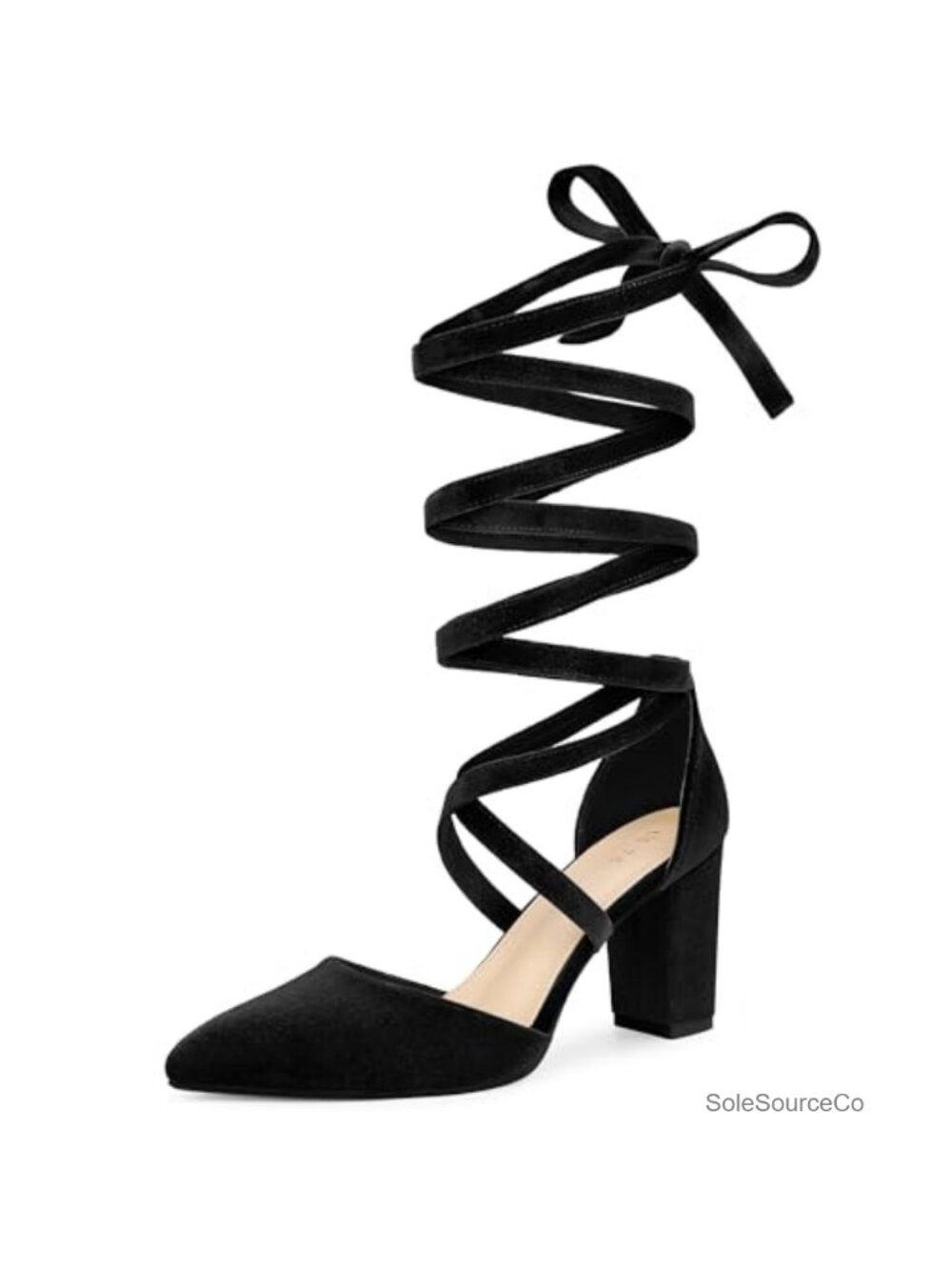 Velvet Lace Up Pointed Toe Chunky Heel Pumps Dress Shoes